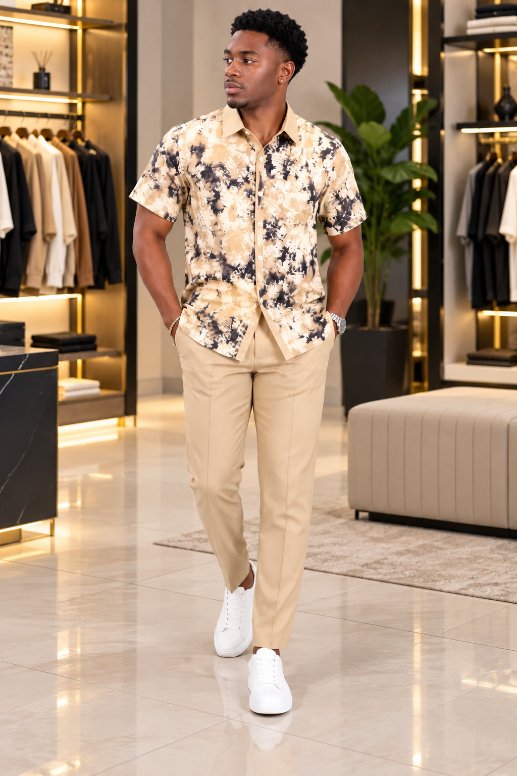 Men's Beige Printed 2 Piece Casual Set