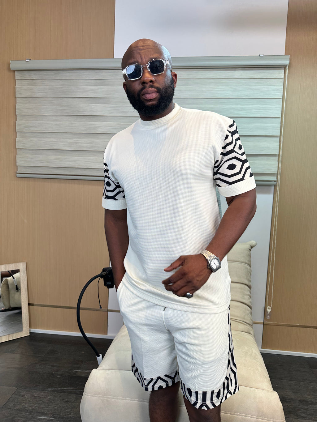 Men's White Patterned 2-Piece Co-Ord Shorts Set