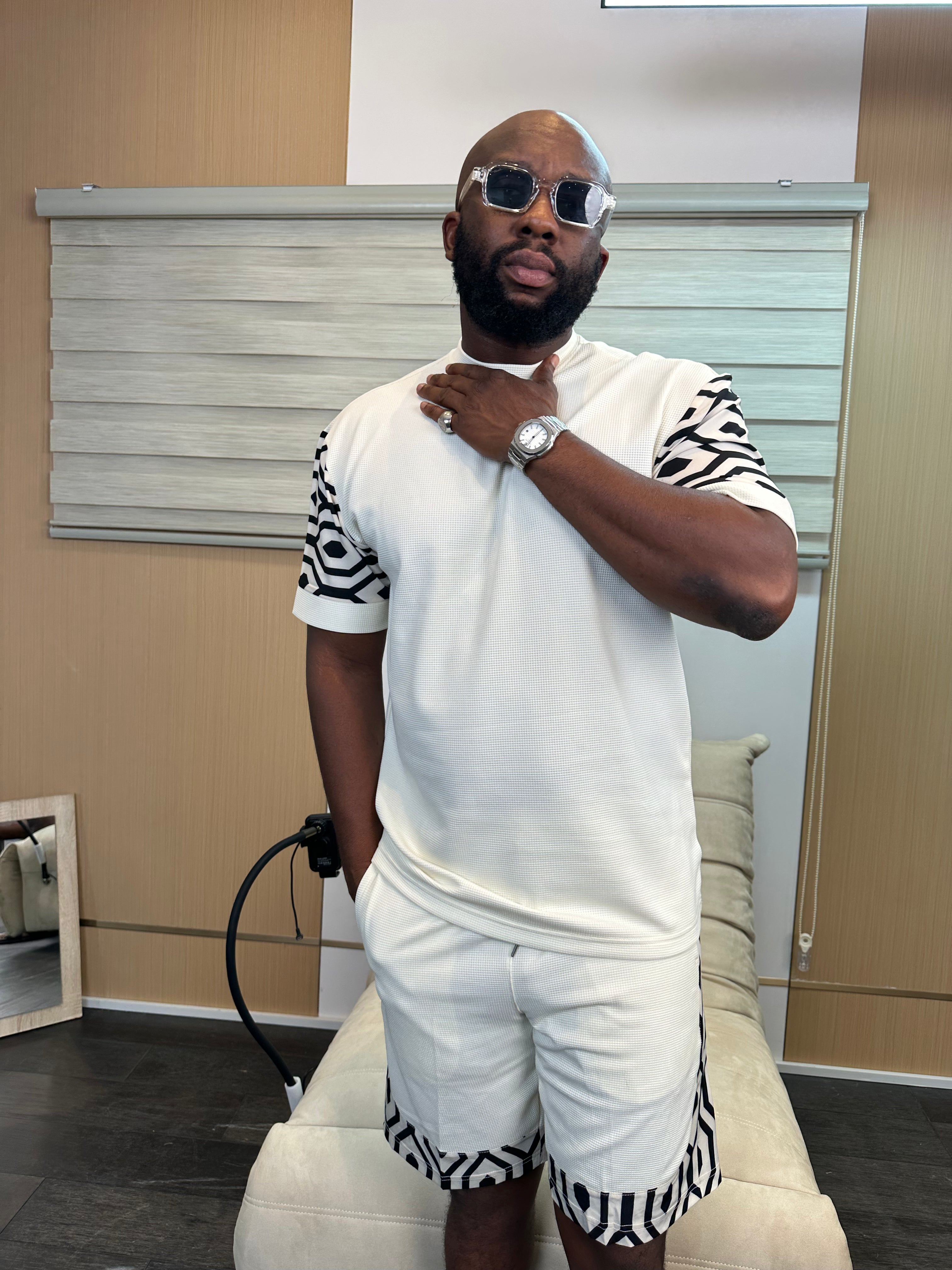 Men's White Patterned 2-Piece Co-Ord Shorts Set