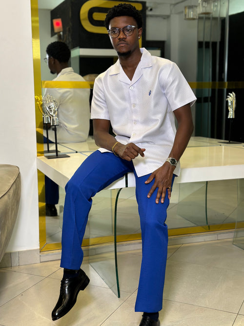Men's White & Royal Blue 2-Piece Kaftan Set
