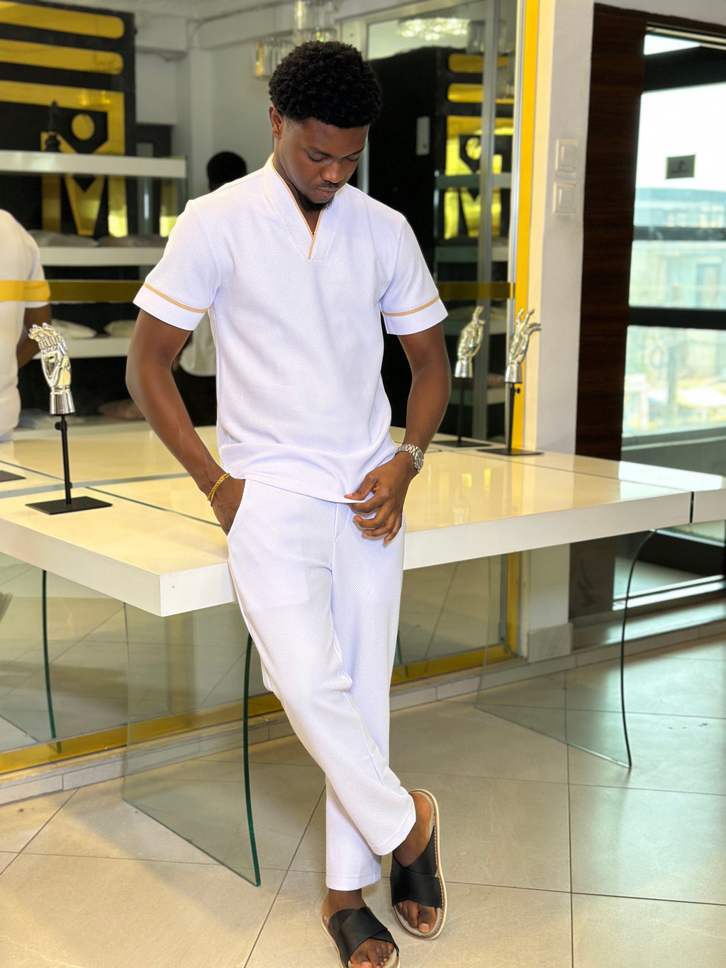 Men's White & Gold 2-Piece Casual Set