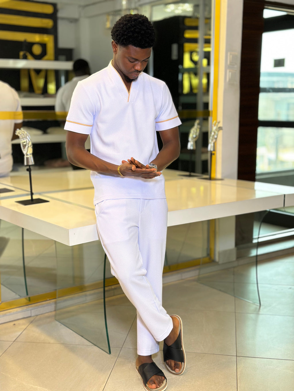 Men's White & Gold 2-Piece Casual Set
