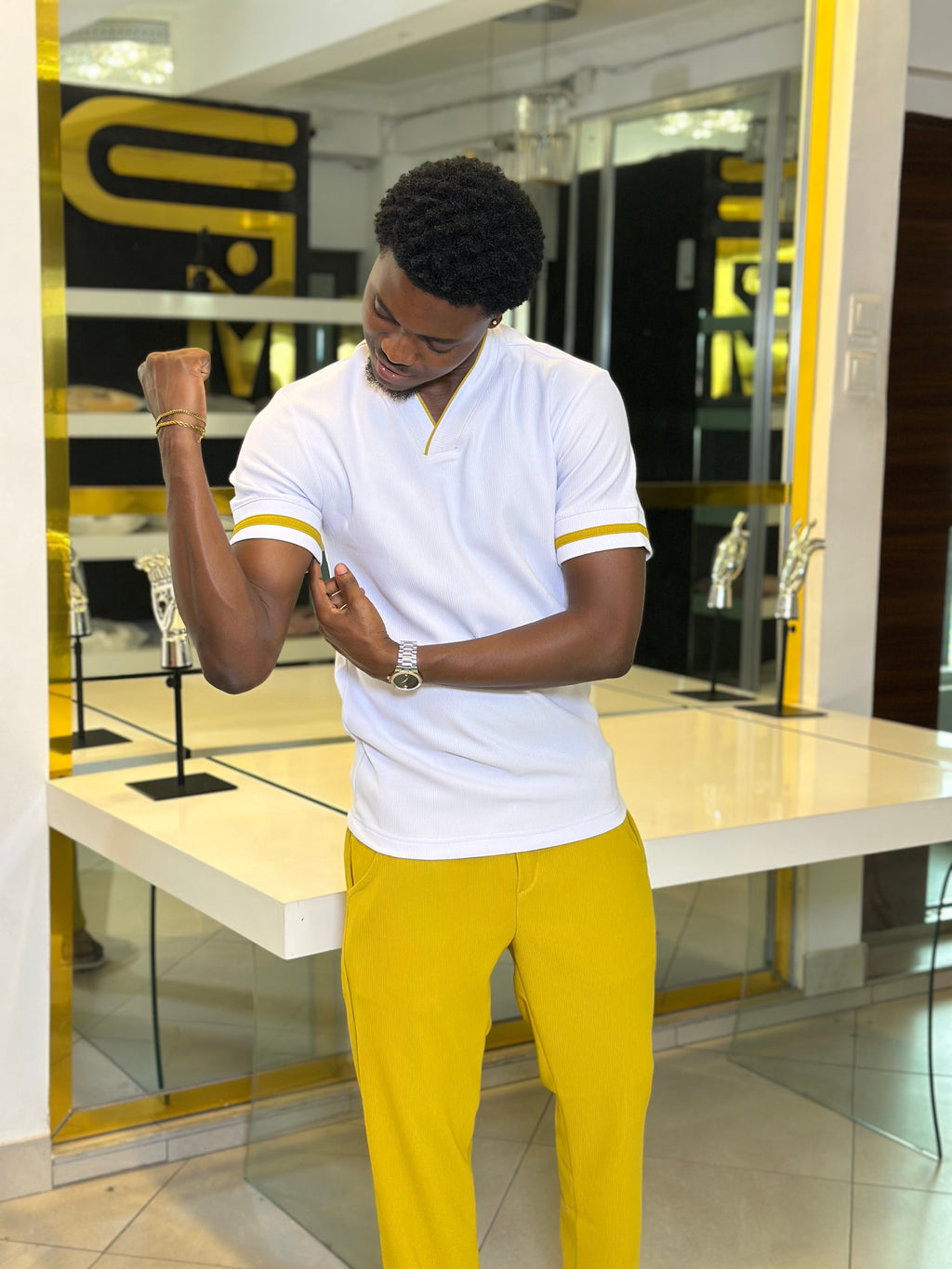 Men's White & Gold 2-Piece Casual Set