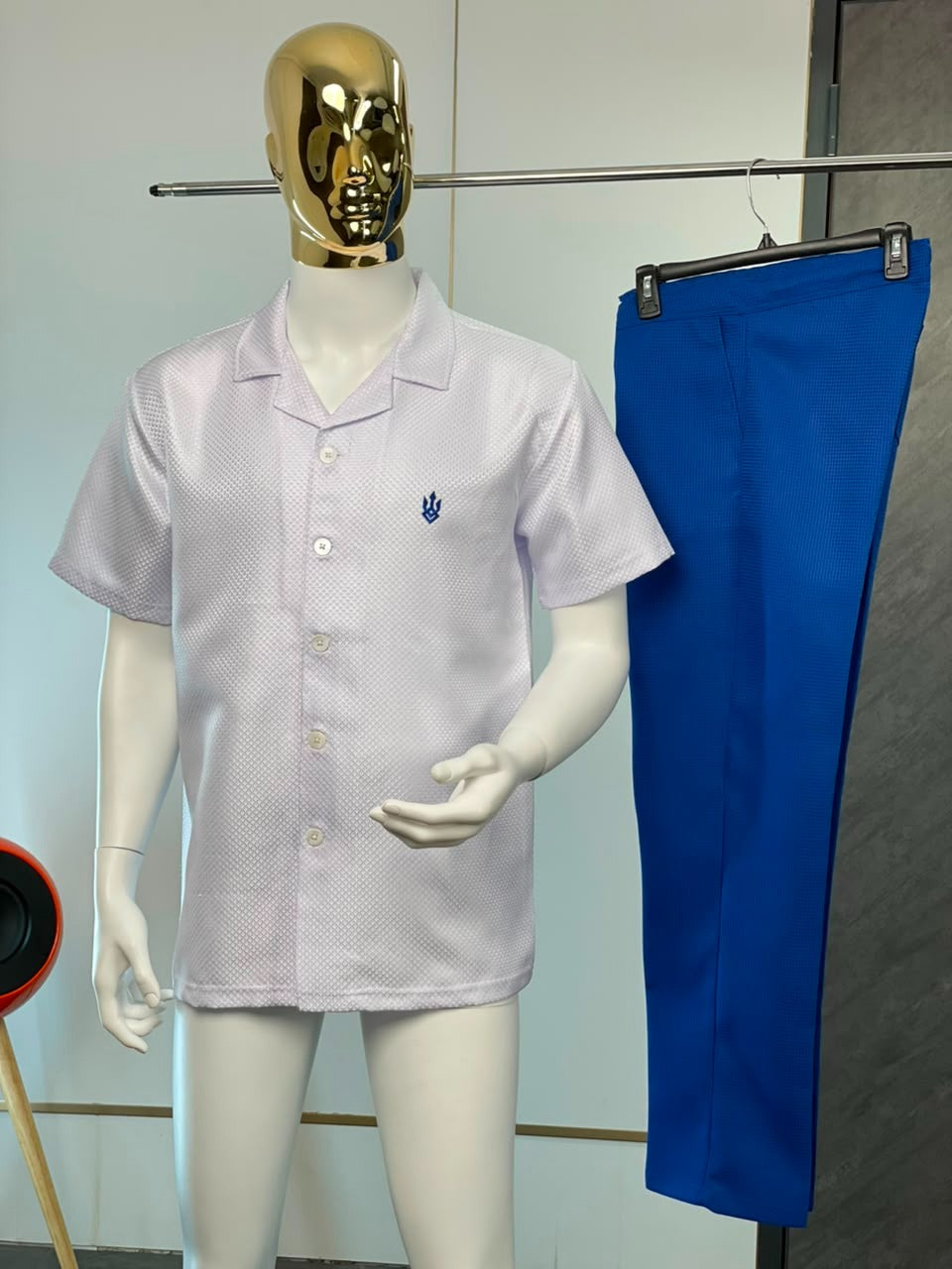 White Men's Textured Short Sleeve Casual Shirt and Trousers