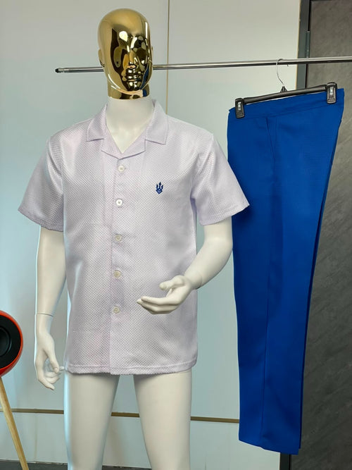 White Men's Textured Short Sleeve Casual Shirt and Trousers